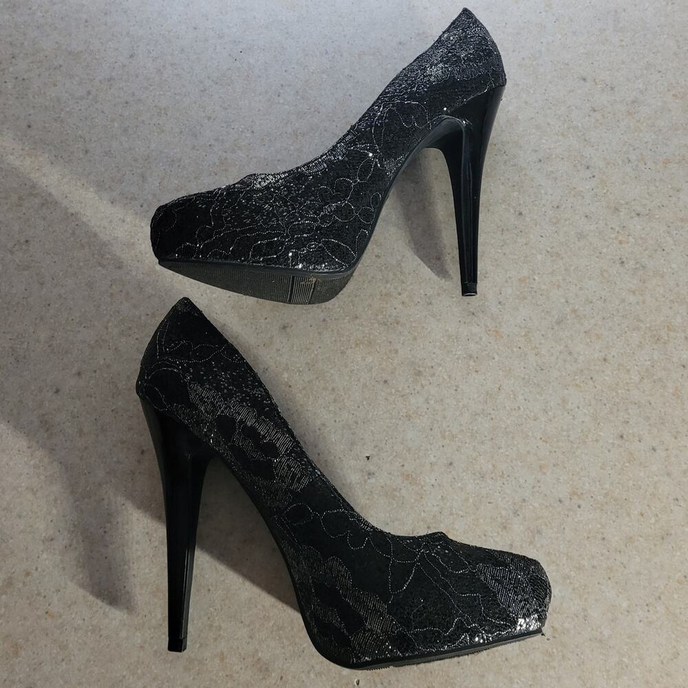 Black Metallic Lace Platform Pumps Size 7 Glitter Stiletto Heels Party Evening